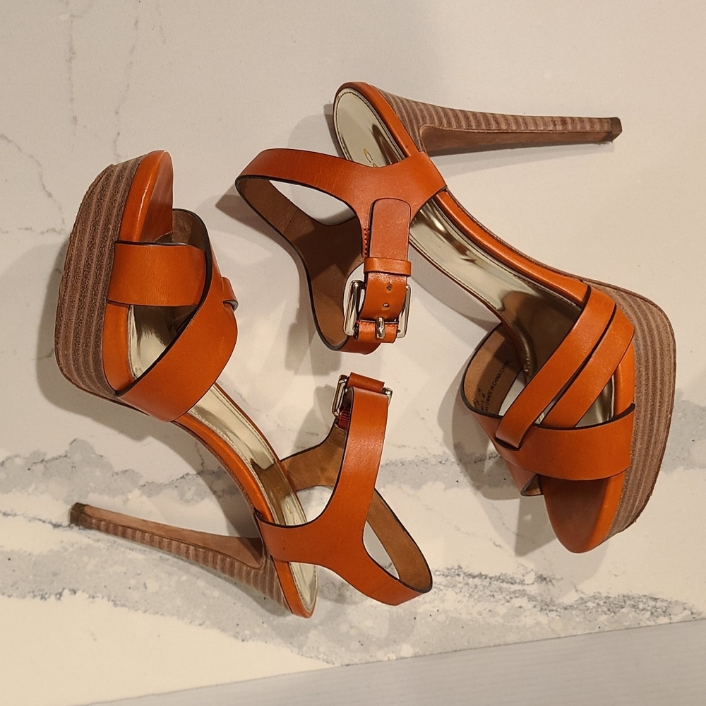 Coach Dani Leather Platform Open-toe Sandal in Orange Papaya Sz 8 - Picture 9 of 14